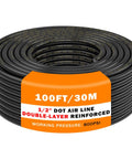 Road Ready Premium PA12 Nylon DOT Air Line 100 Foot One Half Inch OD Pneumatic Tubing SAE J844 coiled with label highlighting specs