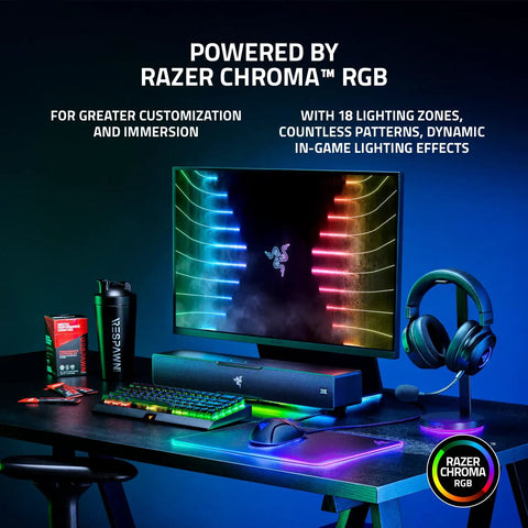 Next Level PC Gaming Soundbar And Wired Subwoofer With Dual Drivers Delivering Sick Bass THX Spatial 7.1 Surround Sound Setup That Will Blow Out Your Speakers In Classic Black on a gaming setup with RGB lighting.