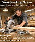 Man using a circular saw for wood cutting on a workbench, with woodworking tools and materials in a workshop setting.