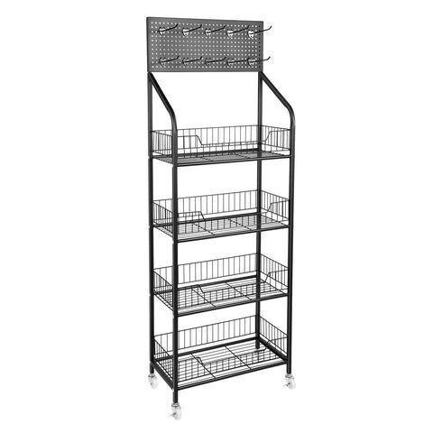 Four Tier Metal Wire Display Rack And Snack Candy Organizer With Ten Hooks Smooth Rolling Wheels And Rock Solid Design For Top Shelf Retail Setup And Hassle Free Sorting In Black.