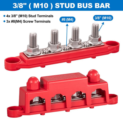 Heavy Duty 12V Bus Bar Power Distribution Block, 4 M10 studs, 3 M4 screws, red plastic, designed for reliable electrical distribution.