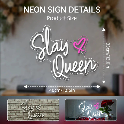 Slay Queen neon sign with white LED lights and pink heart design, 13x12.6 inches, displayed on a wall and tabletop.