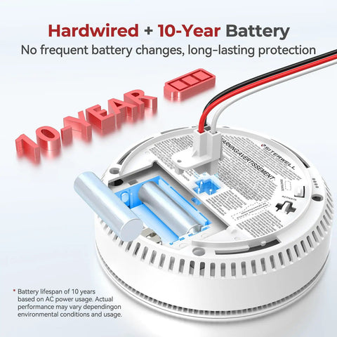 Close-up of Hardwired Smoke Detector and Carbon Monoxide Alarm Combo, showing 10-year battery compartment for reliability.