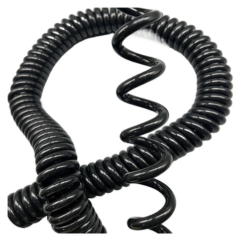 Rock Solid Retractable Coiled Power Cord with Copper Core and Hella Tough Plastic Body for Smooth Spring Spiral Stretch to 20 Meters showing coiled design.