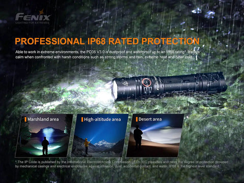 PD35 V3.0 Rechargeable Tactical Flashlight 1700 Lumens EDC With Organizer Black shown rugged and waterproof in harsh outdoor setting