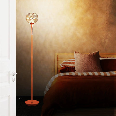 Crystal Floor Lamp In Rose Gold With Remote Control, beside bed, warm ambient glow, modern standing light for living room or bedroom