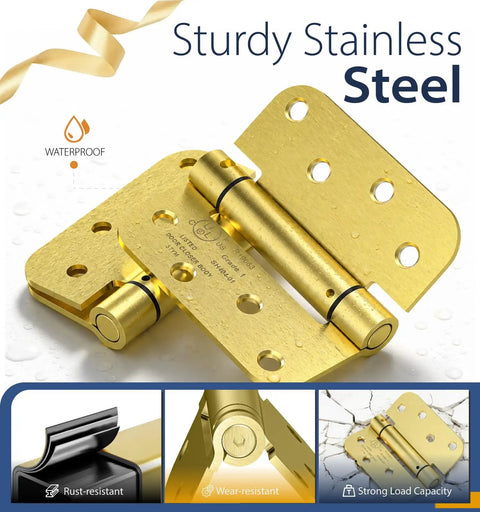 4 Inch Self Closing Door Hinges 2 Pack Spring Loaded with No Fuss Easy Install Stainless Steel Mounting Adjustable Tension For Kitchens Bathrooms Garages Offices Basements Small Interior Doors 5/8 Radius, gold finish.