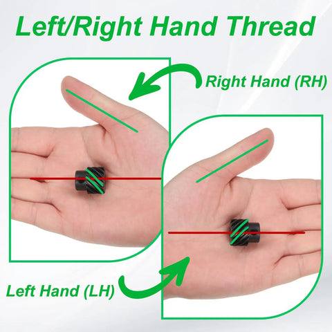 Left Hand Helical Gear Set 12T 5mm Bore illustration of left and right hand threads in palms