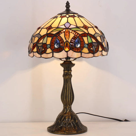 Tiffany Style Stained Glass Table Lamp With Vintage Victorian Vibe, 12 Inch Shade, 18 Inch Tall, Antique Green Bronze Base, UL Listed