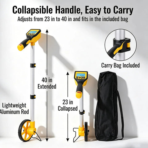 Digital Distance Measurement Wheel With Backlit Display And Memory Storage For Dead On Precision No Sweat Project Planning Kickass Yardage Tracker. Collapsible handle adjusts from 23 to 40 inches.