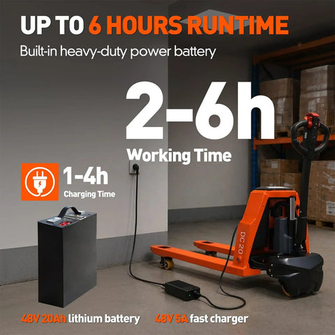 Heavy Duty Full Electric Pallet Jack With 4400 Lb Load Capacity Plus 48 By 27 Inch Forks showing 48V battery and charger in warehouse setting.