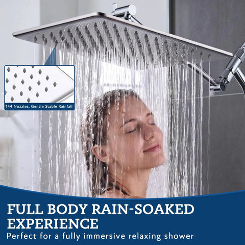 12 Inch All Metal Rain Shower Head With Handheld Spray In Chrome Finish Featuring 144 Wide Angle Nozzles For Solid Bathroom Upgrades That Let You Straight Up Kick Back And Chill Daily in use with cascading water over a relaxed user.