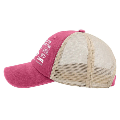 Funny Spare Time Humor RV Camper Sun Hat For Him Pink Running Cap with mesh back, side view