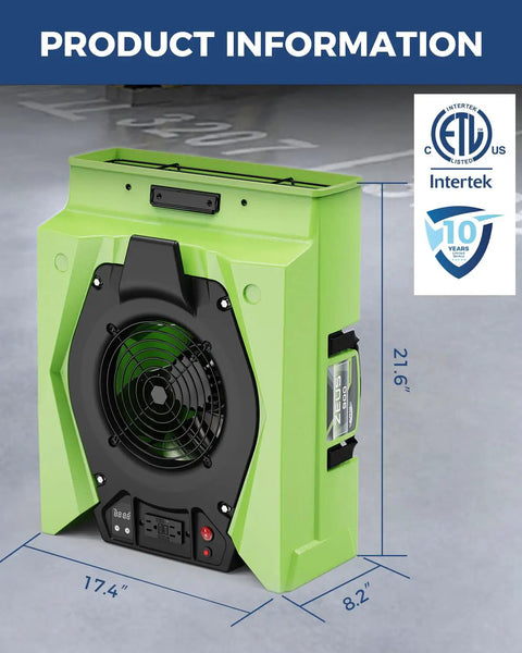 950 CFM Air Mover For Carpets Walls And Plumbing, Compact Stackable Commercial Blower Fan With 1.8 Amps Draw, On Board GFCI, Circuit Breaker Protection, Daisy Chain Up To 8 Fans, LCD Hour Meter, 10 Year Warranty