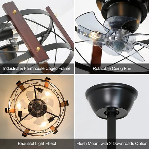 Industrial and farmhouse style enclosed cage ceiling fan with remote control and light, flush mount design, copper motor