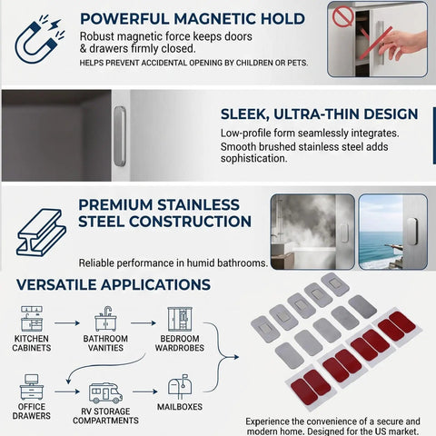 Diagram showcasing No Drill Magnetic Cabinet Door Catch with adhesive backing, highlighting use in kitchens and bathrooms.