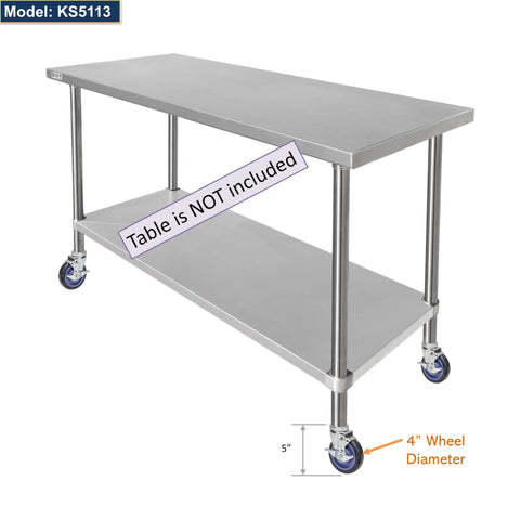 Built Tough 4 Inch Heavy Duty Caster Wheels With Expanding Stem And Dual Brakes 1320 Lb Capacity on stainless steel table.