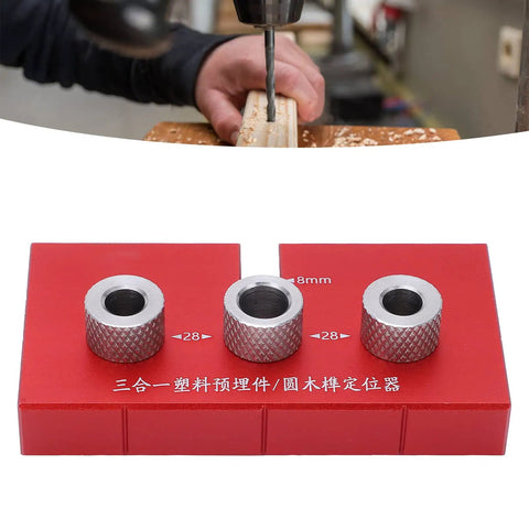 Top Shelf Wood Doweling Jig Drill Kit With Spot On Scaling Ruler And Rugged Aluminum Frame For Hassle Free Furniture Joinery And Cabinet Refinishing Projects Built Damn Tough And Ready For Work Red showing bushings on a red base.