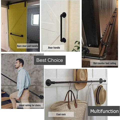 Badass Industrial Wrought Iron Stair Railing Kit Twenty Foot Wall Mount Banister Pipe Rail for Deck Porch and Home Decor displayed with multifunctional uses.
