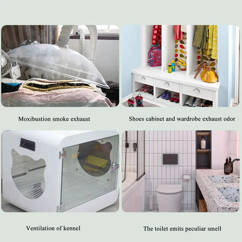 Various household ventilation systems including moxibustion smoke exhaust and shoes cabinet odor exhaust.