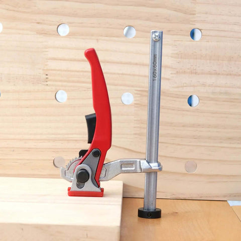 Heavy Duty Bench Clamp With Ratchet Lock for Rock Solid Workholding on workbench, fits 20mm base and dog holes, side view