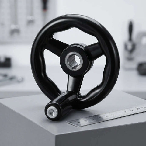 2 Piece Black Hand Wheel Knobs for Milling Machines with Smooth Rotation and Dimensional Stability on a gray table