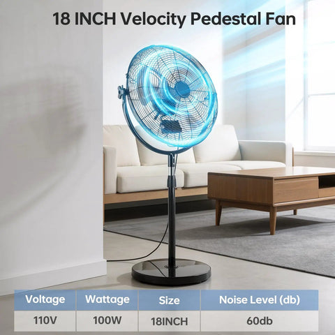 18 Inch High Velocity Pedestal Fan With Adjustable Height, Heavy Duty Metal Standing Fan in living room setting