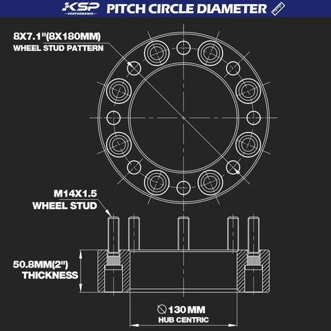Badass 2 Inch 8x180 Wheel Spacers Forged Lug Centric illustration showing wheel stud pattern, thickness, and dimensions.