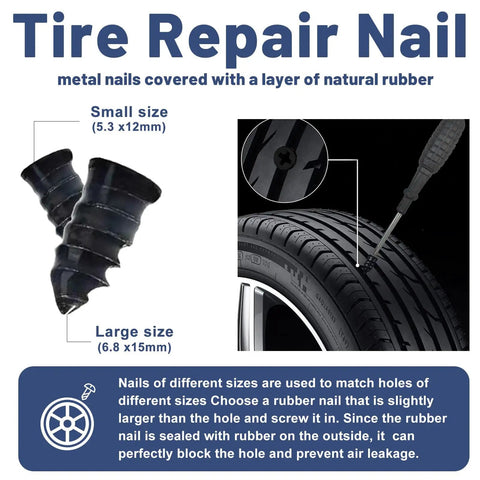 24 Pcs Tire Plug Repair Kit with Key Tools and 120ml Powerful Patch Glue for Instant Puncture Seals 2 sizes of rubber nails for tire repair