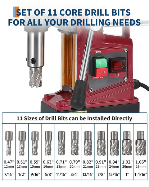 Heavy Duty Portable Magnetic Drill Press With 11 Coring Bits And Adapter, 1.57 Inch Bore, 1450 Watt Motor close-up of drill bits and control panel.