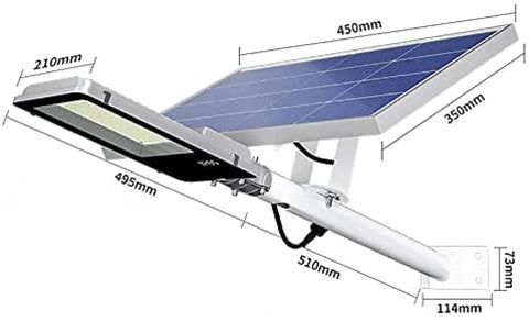 Badass Solar Security Flood Light With Remote Control And Dusk To Dawn Sensor showing size dimensions and solar panel angle.