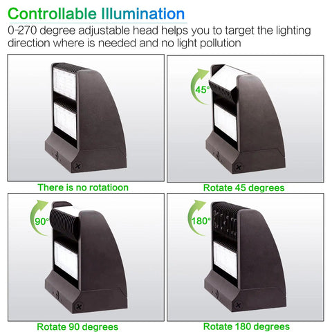 80W LED Wall Pack Light With 10800 Lumens, 5000K Cool White, Rotatable Head From 0 To 270 Degrees, IP65 Outdoor Security Flood Light