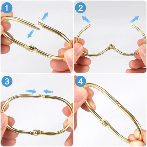 Step-by-step installation of Shower Curtain Rings Set 12 Pcs Oval Snap Hooks Gold Finish Rust Proof Metal Curtain Rings.