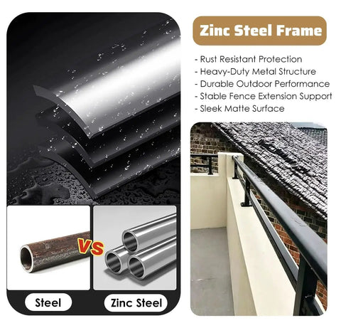 Zinc steel balcony railing height extender shown on outdoor deck, showcasing smooth matte finish for Solid Setup Balcony Railing Height Extender For Temporary Outdoor Security Upgrades With Hella Tough Horizontal Guardrail System Heavy Duty All Weather Protective Coating.
