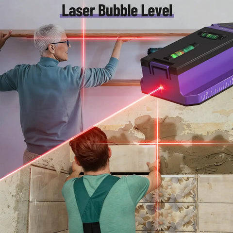 Heavy Duty 7 In 1 Wall Scanner Stud Finder With Cross Beam Laser Level and Bubble Vials used for leveling tasks on walls.
