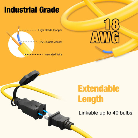 Industrial grade 18AWG wire with connectors for 100Ft LED Construction String Lights IP65 Waterproof ETL Certified Daylight 5000K.