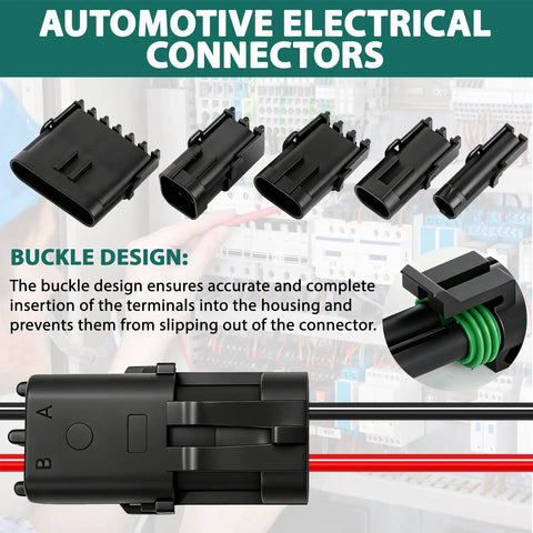 Weather Pack Connector Kit Bundle with 401 Pieces, showing buckle design for 1-to-6 pin automotive electrical wire connectors.
