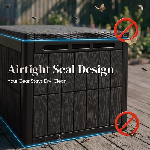 Huge 120 Gallon Resin Deck Box Weatherproof Outdoor Storage Bench with airtight seal design shown in a garden setting.