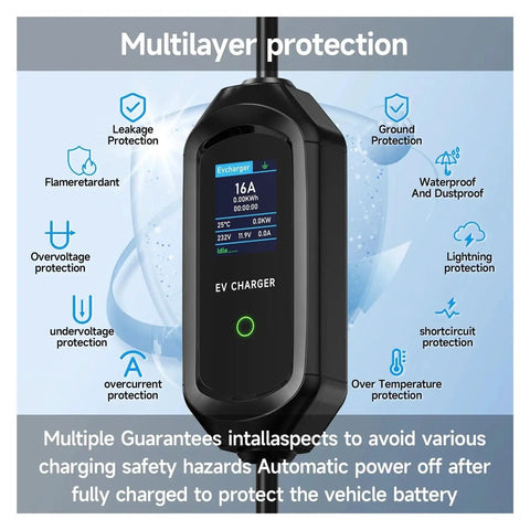 On The Go Portable EV Charger With Type 2 And GBT Plugs Delivers 3.6KW Quick Charge features multilayer protection display.