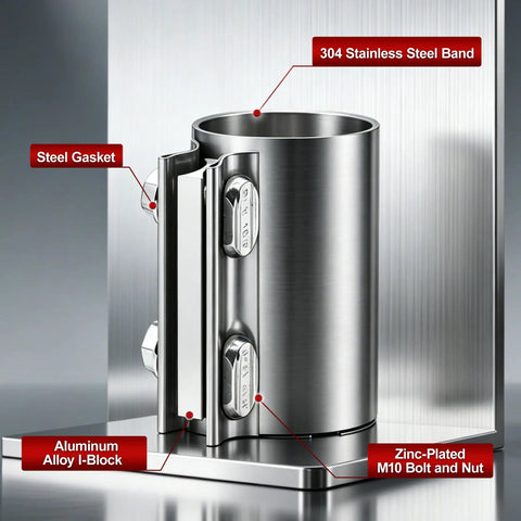 Top Shelf 2.5 Inch Exhaust Clamp And Muffler Sleeve Coupler forged from 304 stainless steel, showing components and design details.
