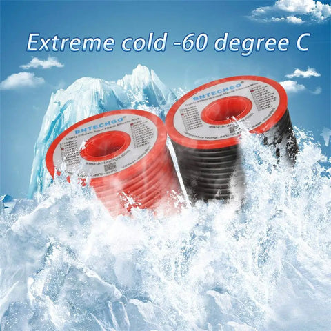 Red And Black 16 AWG Silicone Wire Spool 50 Ft Flexible Tinned Copper Stranded Cable For Car DIY, Audio, RC Projects displayed on ice.