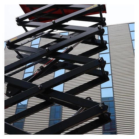 Built Like A Tank Battery Powered Vertical Mast Lift With Heavy Duty Steel And Smart Overload Guards For Smooth Walking Scissor Work At Top Shelf Heights, showing scissor lift mechanism.