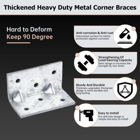 Thickened Heavy Duty Hot Dip Galvanized Corner Braces For Wood And DIY Frame Works, 90-degree metal L-bracket design.