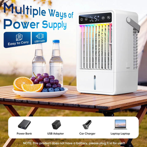 Portable 1500ml Tank Mini Evaporative Air Cooler With Remote And 2 To 10H Timer 5 Speeds Personal AC Fan on wooden table.