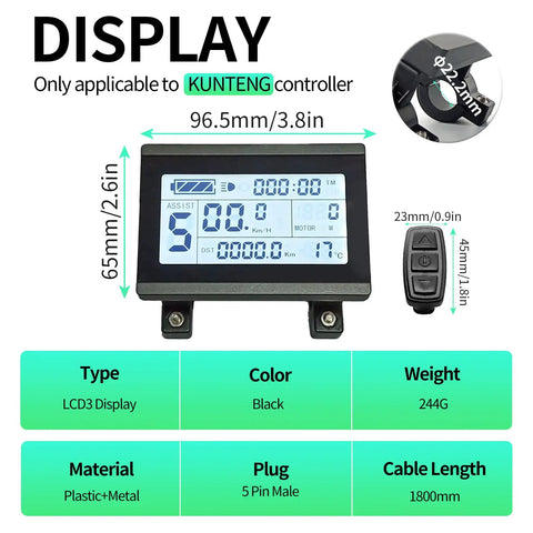KT LCD3 Electric Bike Display 24V 36V 48V Waterproof Plug KT Controller Compatible Retrofit Kit with size and specs