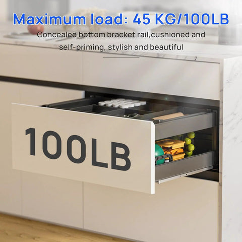 Bottom Mount Soft Close Drawer Slides Full Extension Concealed Rails 100 Lb Load Pair 18 Inch Without Bracket in kitchen