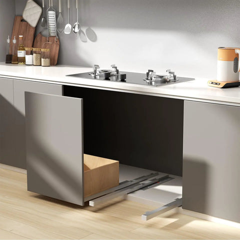 Full Extension Undermount Drawer Slides With Smooth As Butter Soft Close Action in kitchen with open cabinet and wooden box.