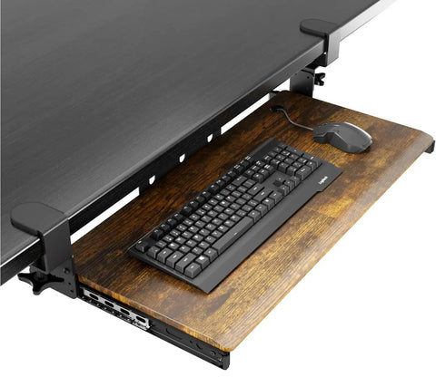Under Desk Keyboard Tray With Sturdy C Clamp Mount, 32.5 Inch Clamp To Clamp Length, 27.3 Inch Sliding Platform holding keyboard and mouse