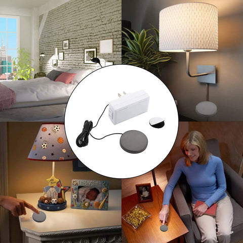 Touch Pad Lamp Dimmer Switch With Three Levels Of Brightness For Table Floor And Desk Lamps No Fuss Plug In Cord Lighting Control Easy Install And Mood Lighting with various lamp setups in home environment.