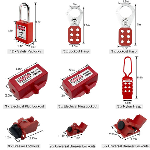 Three In One Lockout Tagout Kit For OSHA Safety Compliance With Clamp On Circuit Breaker Locks Hasps Tags Cable Ties Pouch And Universal Multi Pole Breaker Lockouts Complete LOTO Set Three Kits In One, showing red padlocks, hasps, plug lockouts, nylon hasp, and breaker lockouts with dimensions.